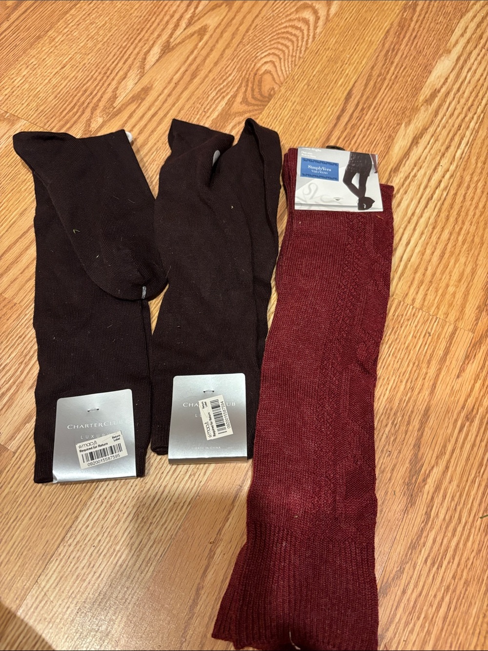 Charter Club and Simply Vera Knee High Socks - Black and Burgundy Knit Pair